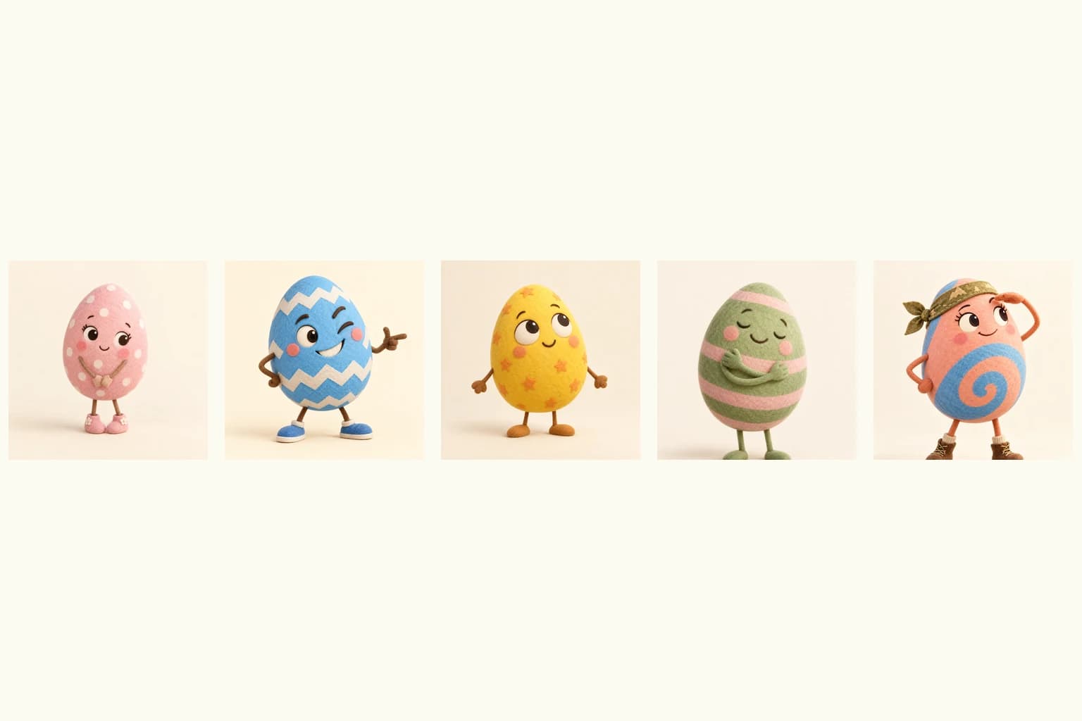 Cinq personnages originaux d’œufs de Pâques aux couleurs pastel : rose à pois, bleu à zigzags, jaune à étoiles, vert à rayures et pêche à spirale.