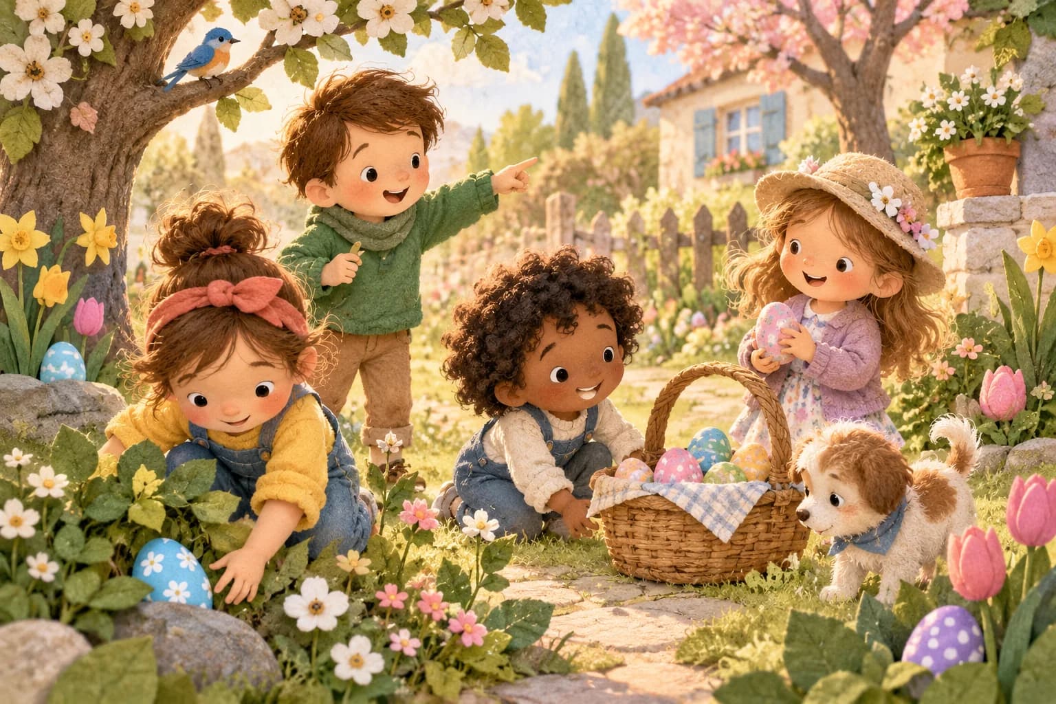 Des enfants cherchent ensemble des œufs de Pâques dans un jardin autour d’un panier commun