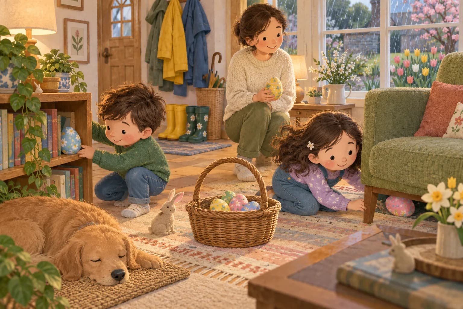 Deux enfants et un parent cherchent des œufs en papier dans le salon tandis que la pluie tombe sur le jardin.