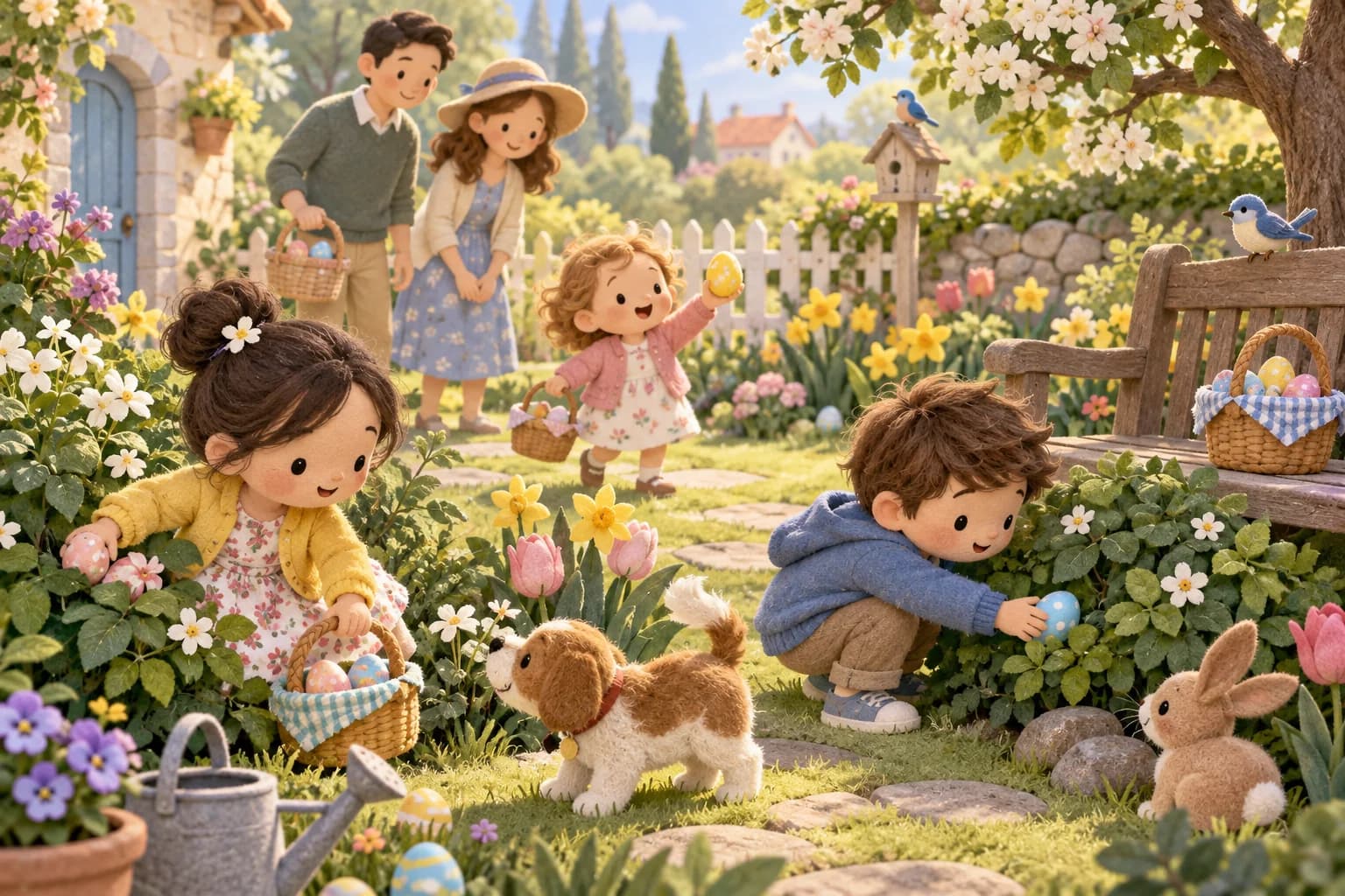 Enfants cherchant des œufs de Pâques dans un jardin de printemps