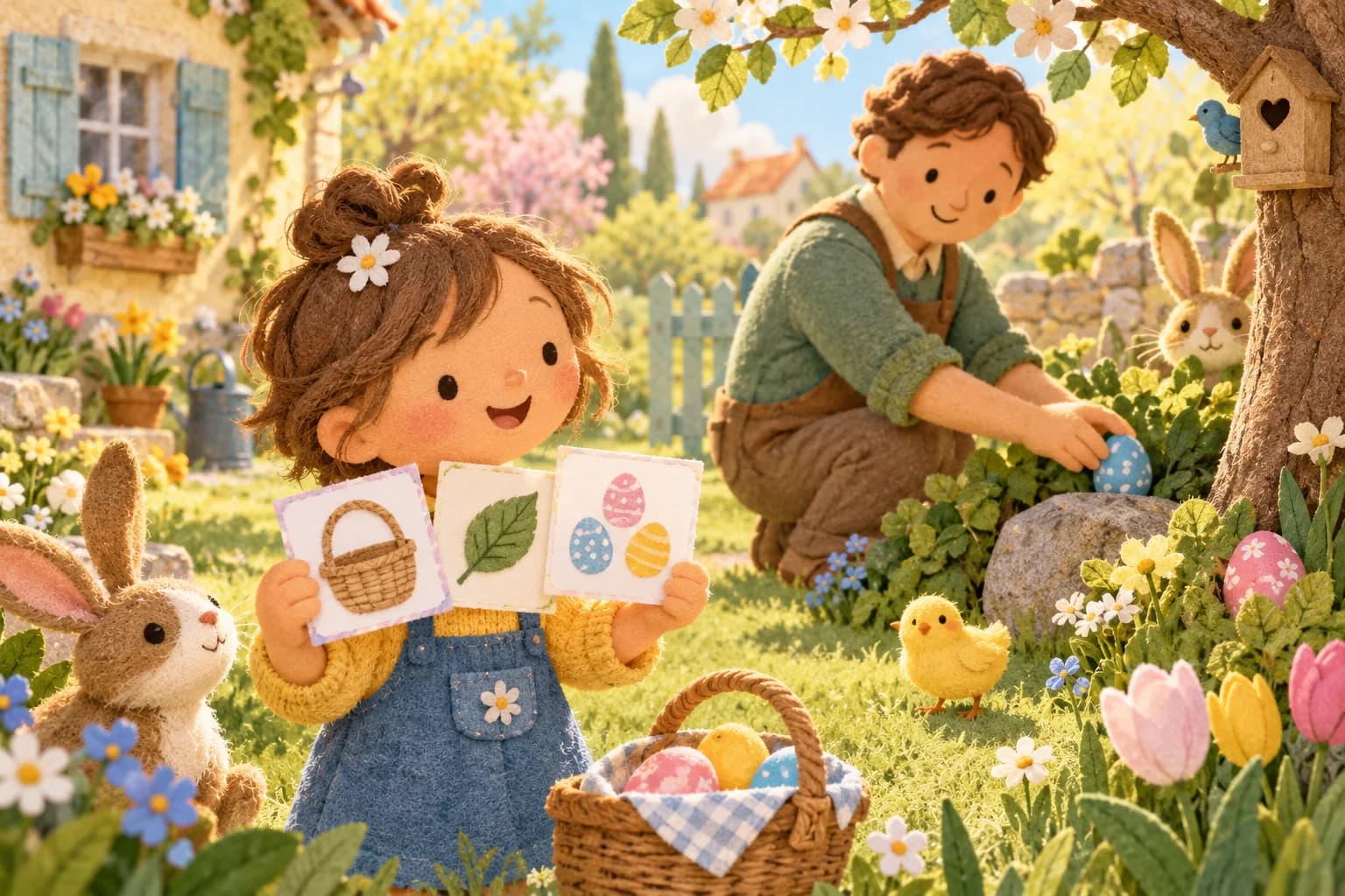 Un enfant et un parent préparent des indices dessinés pour une chasse aux œufs dans un jardin printanier