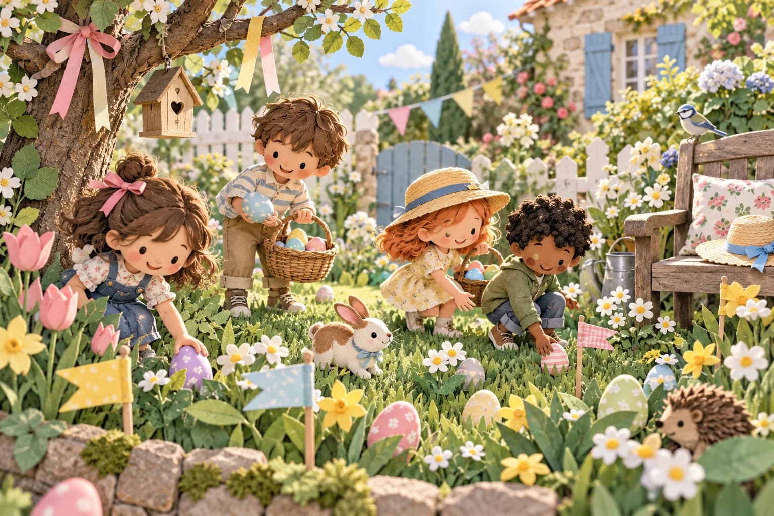 Groupe d’enfants qui coopèrent dans un jardin clôturé, en suivant des empreintes de lapin et des fanions colorés.