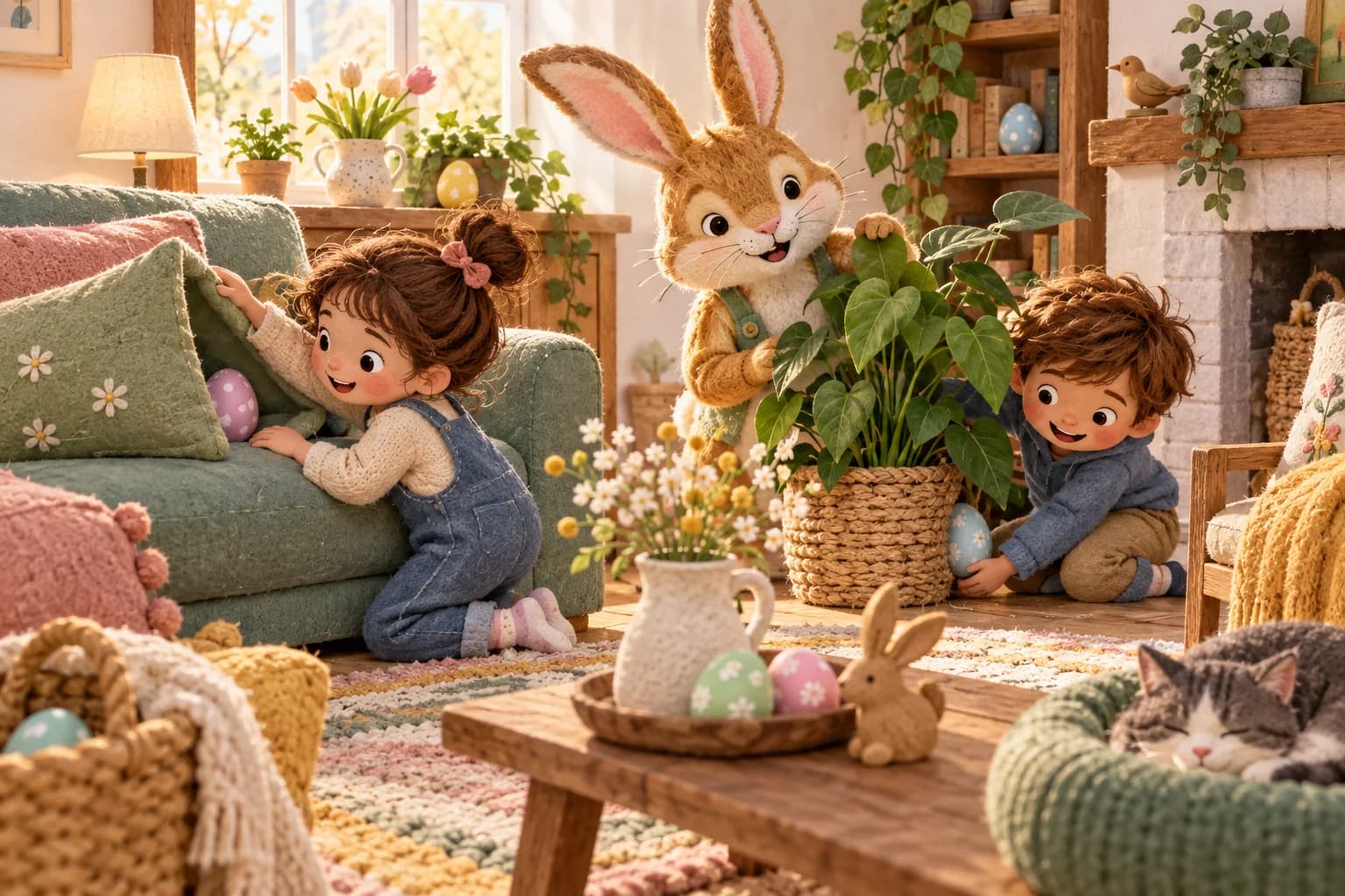 Enfants d’âges différents qui cherchent ensemble des œufs colorés dans un salon, avec des flèches et des empreintes de lapin au sol.