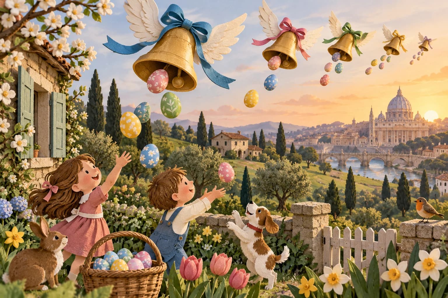 Cloche de Pâques décorée, volant au-dessus d’un jardin et laissant tomber des œufs en chocolat, illustration douce et colorée pour enfants.