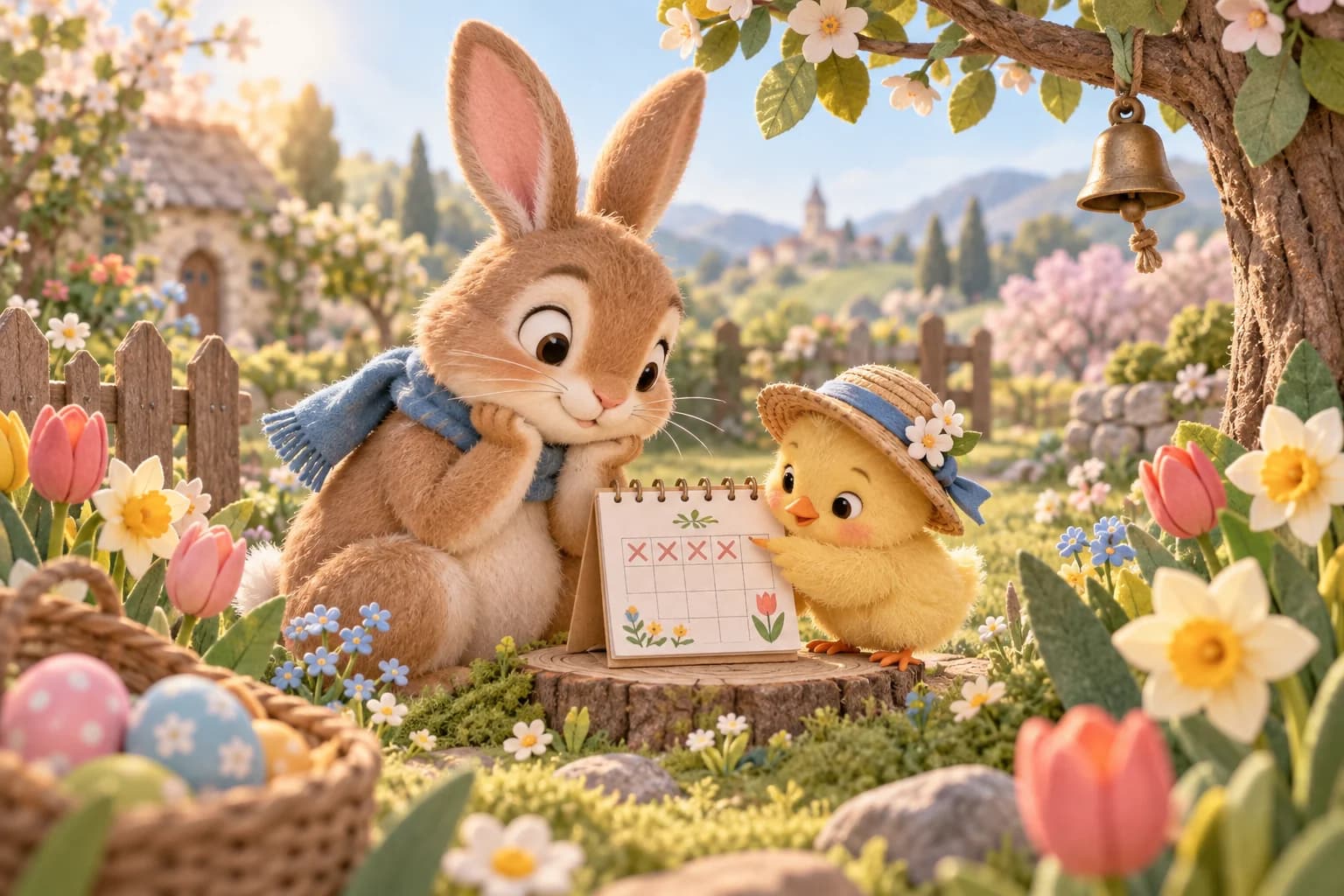 Un lapin et un poussin regardent ensemble un petit calendrier de printemps, entourés de tulipes, de jonquilles et d’une cloche suspendue à un arbre.