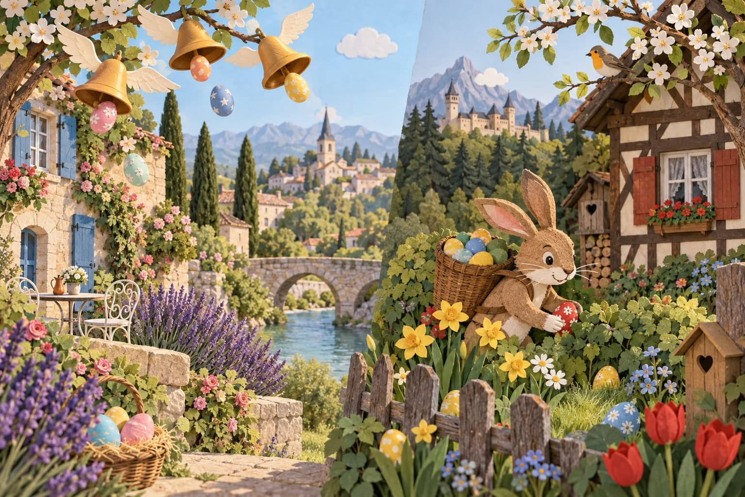 Illustration douce comparant une cloche de printemps et un lapin tenant un œuf décoré, sous un ciel de Pâques.