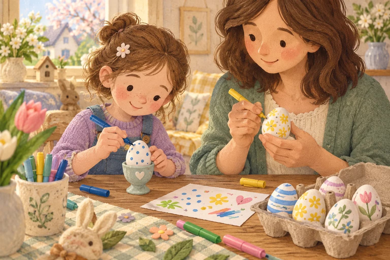 Un enfant et un parent décorent des œufs en papier mâché avec des feutres, des points et des fleurs.
