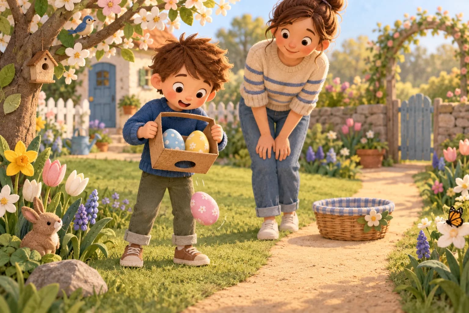 Un enfant transporte des faux œufs dans un panier percé, sous le regard d’un parent, dans un jardin printanier.