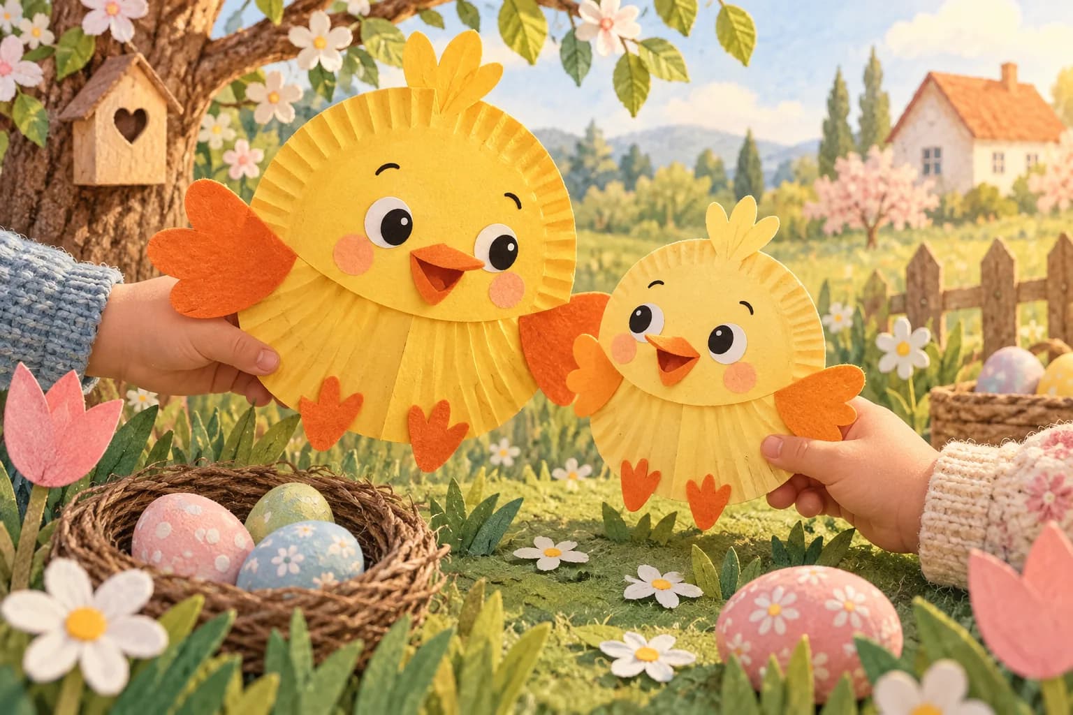 Deux marionnettes de poussins en assiettes en carton dans un décor de printemps
