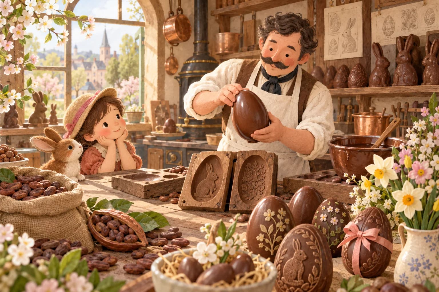 Atelier ancien où un chocolatier fabrique des œufs de Pâques en chocolat