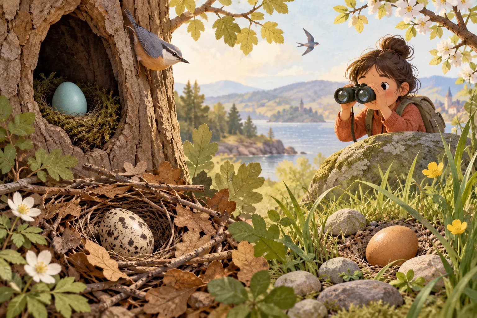 Un enfant observe à distance des œufs d’oiseaux tachetés ou unis dans différents nids printaniers