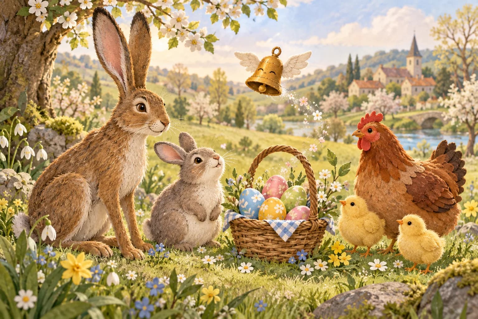 Un lièvre et un lapin près d’un panier d’œufs décorés, avec une poule, des poussins et une cloche ailée.