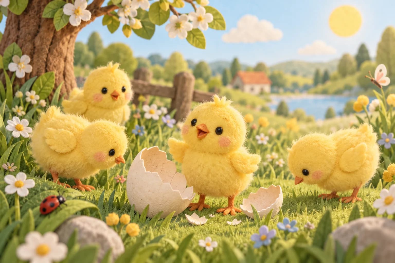 Des poussins jaunes et duveteux dans un pré fleuri près d’un œuf éclos