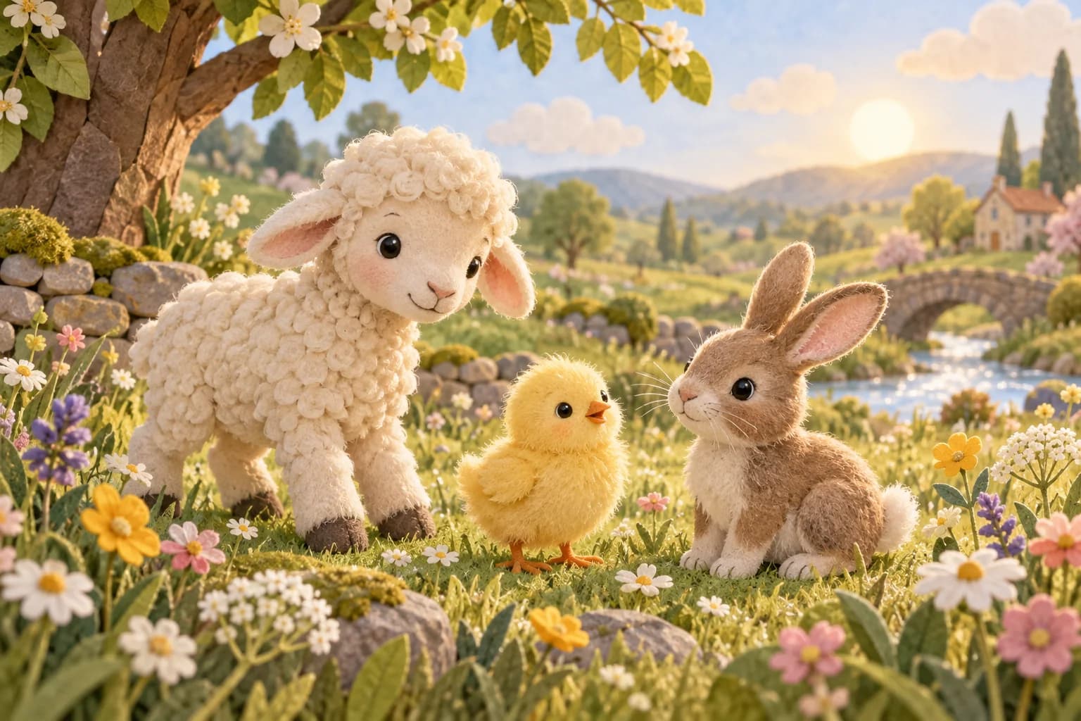 Un agneau, un poussin et un lapereau dans un pré fleuri au printemps