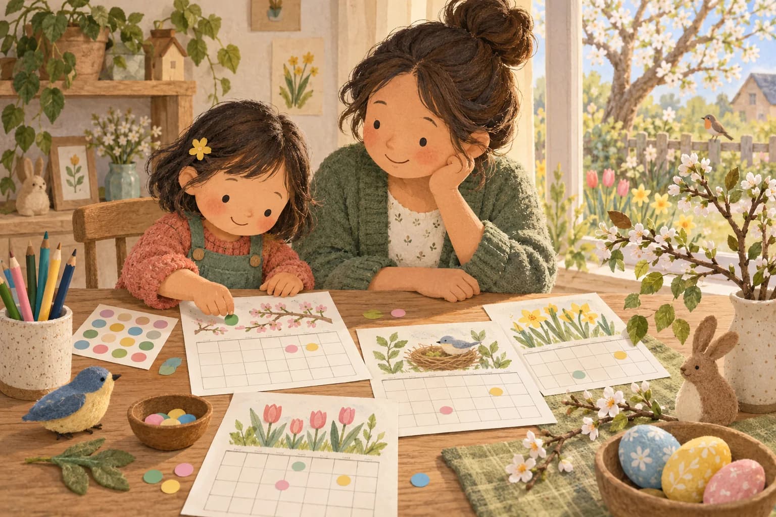 Un enfant et un parent créent une frise du printemps avec un calendrier, des branches et des œufs décorés.