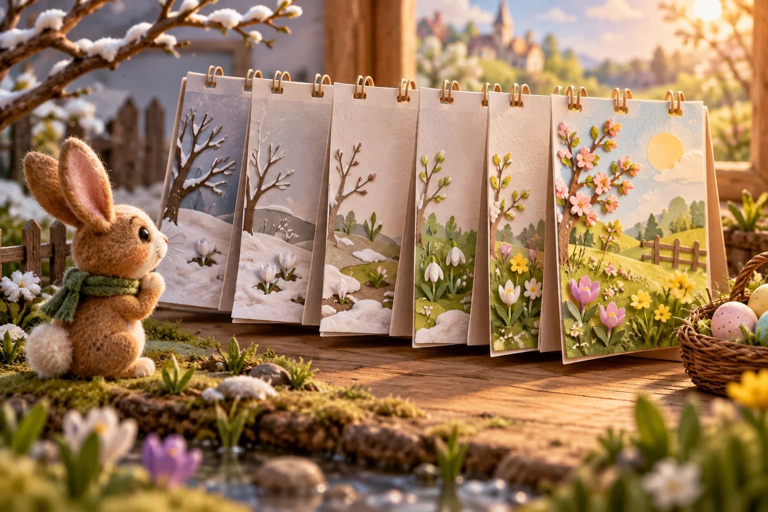 Calendrier simple allant de la période avant Pâques jusqu’à une décoration d’œuf de Pâques, sans symbole religieux détaillé.