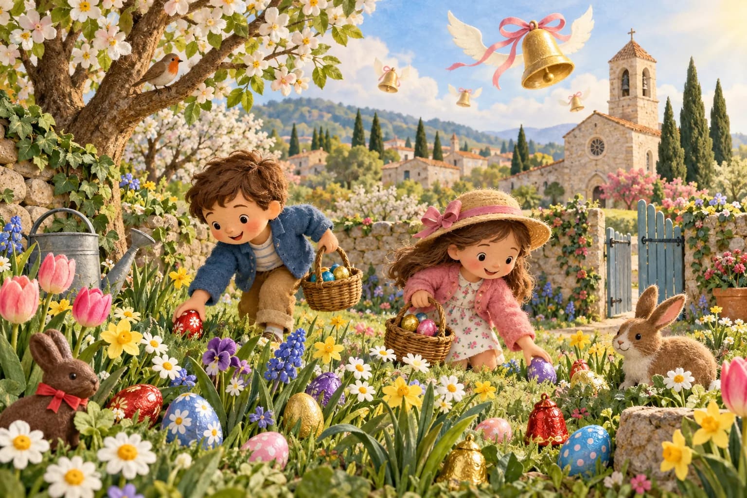 Deux enfants cherchent des cloches et des œufs en chocolat dans un jardin fleuri, avec le clocher d’une église en arrière-plan.