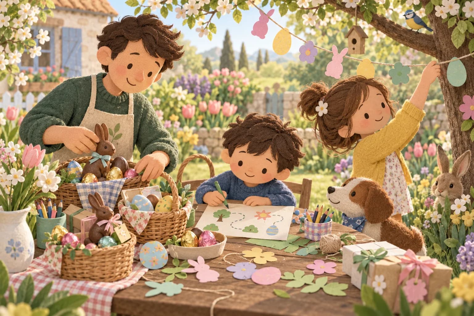 Une famille prépare des paniers et une carte de cachettes pour une chasse aux œufs dans un jardin fleuri.