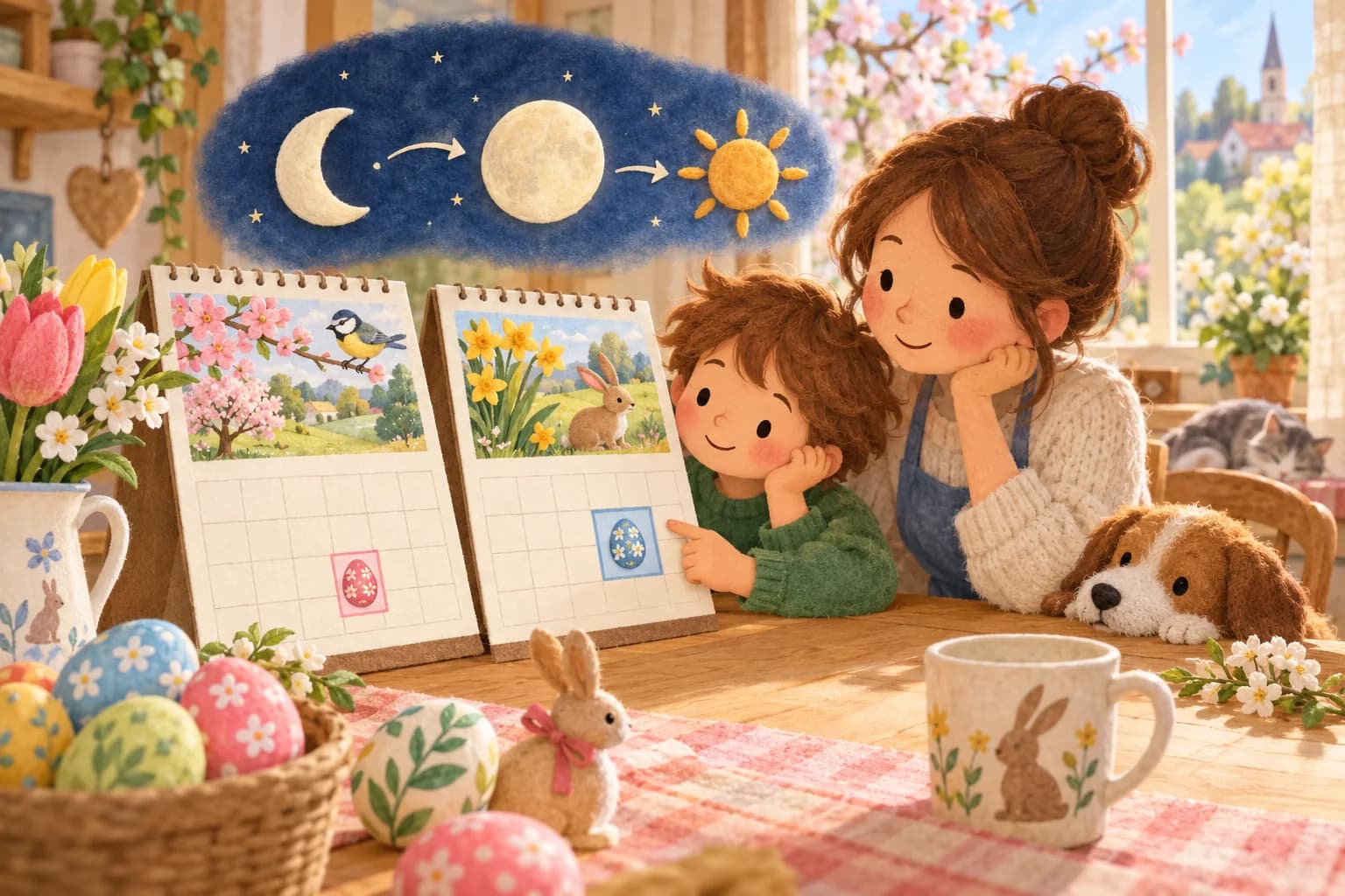 Illustration douce montrant un enfant et un parent qui observent deux calendriers de printemps, avec la Lune, le Soleil, des fleurs et des œufs décorés.