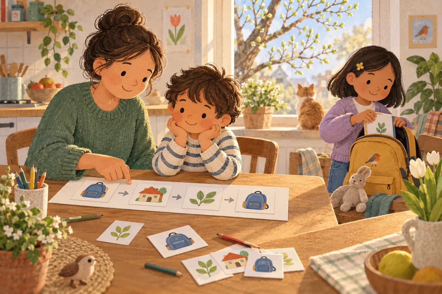 Un parent et un enfant préparent un calendrier illustré avant les vacances, près d’un cartable et d’une fenêtre ouverte sur le printemps.