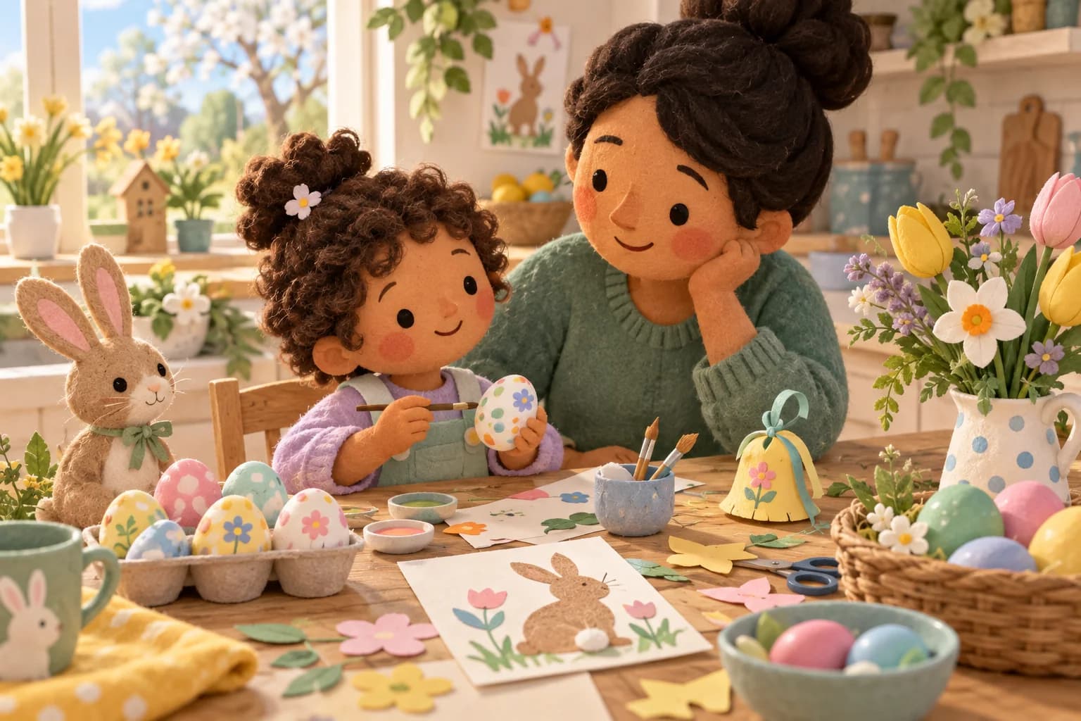 Un parent et un enfant découvrent les traditions de Pâques autour d’œufs décorés et de fleurs printanières