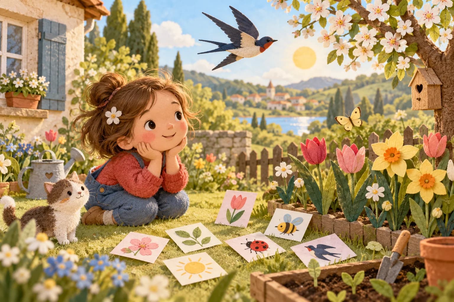 Enfant découvrant des expressions imagées dans un jardin fleuri au printemps