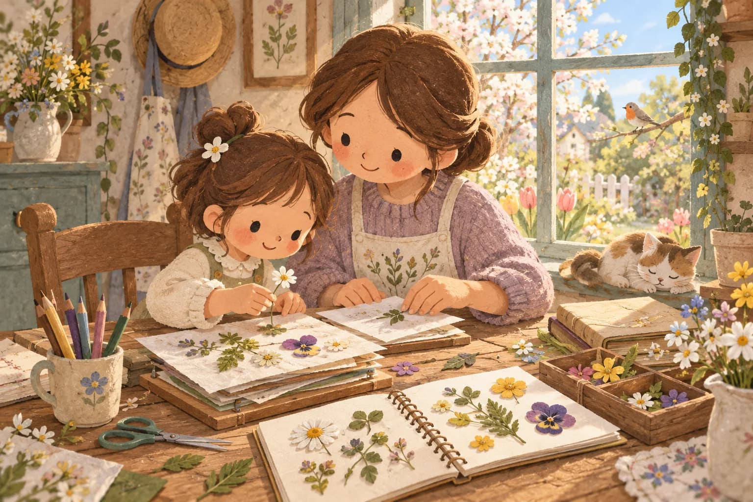Un parent et un enfant font sécher des fleurs de printemps pour créer un herbier