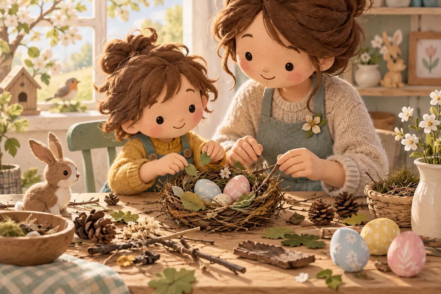 Un enfant et un parent fabriquent un nid de Pâques avec des brindilles et des feuilles