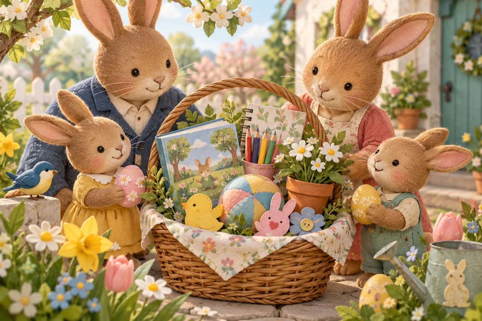 Panier de Pâques rempli de livres, crayons et petits objets de printemps