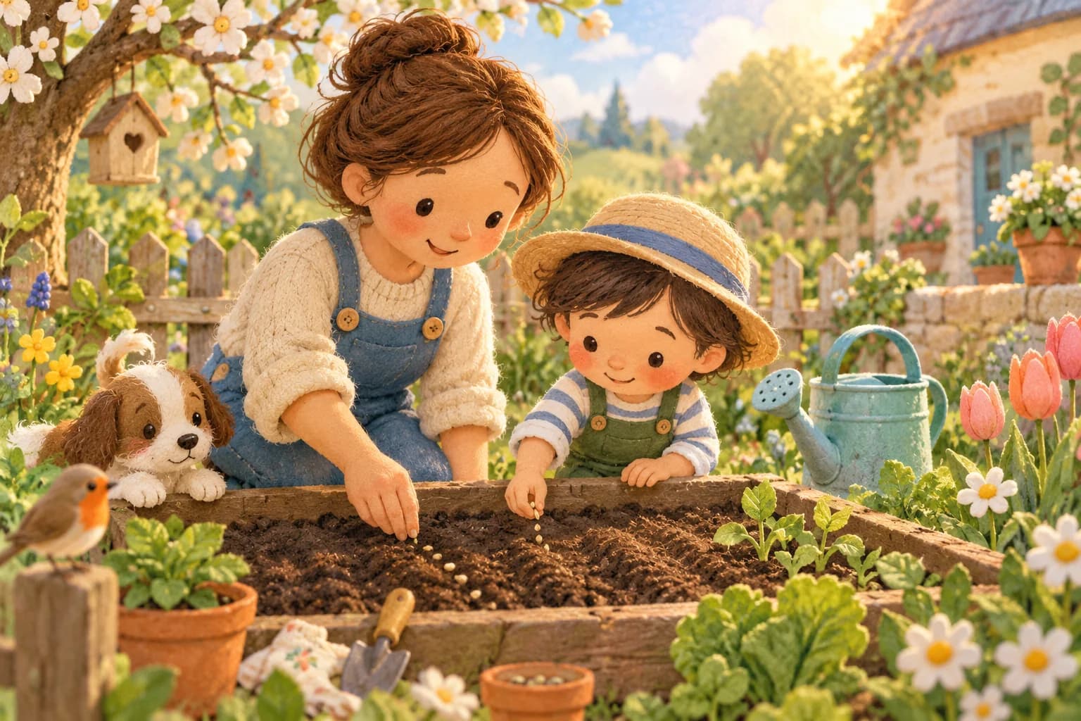 Un parent et un enfant plantent des graines dans un petit potager au printemps