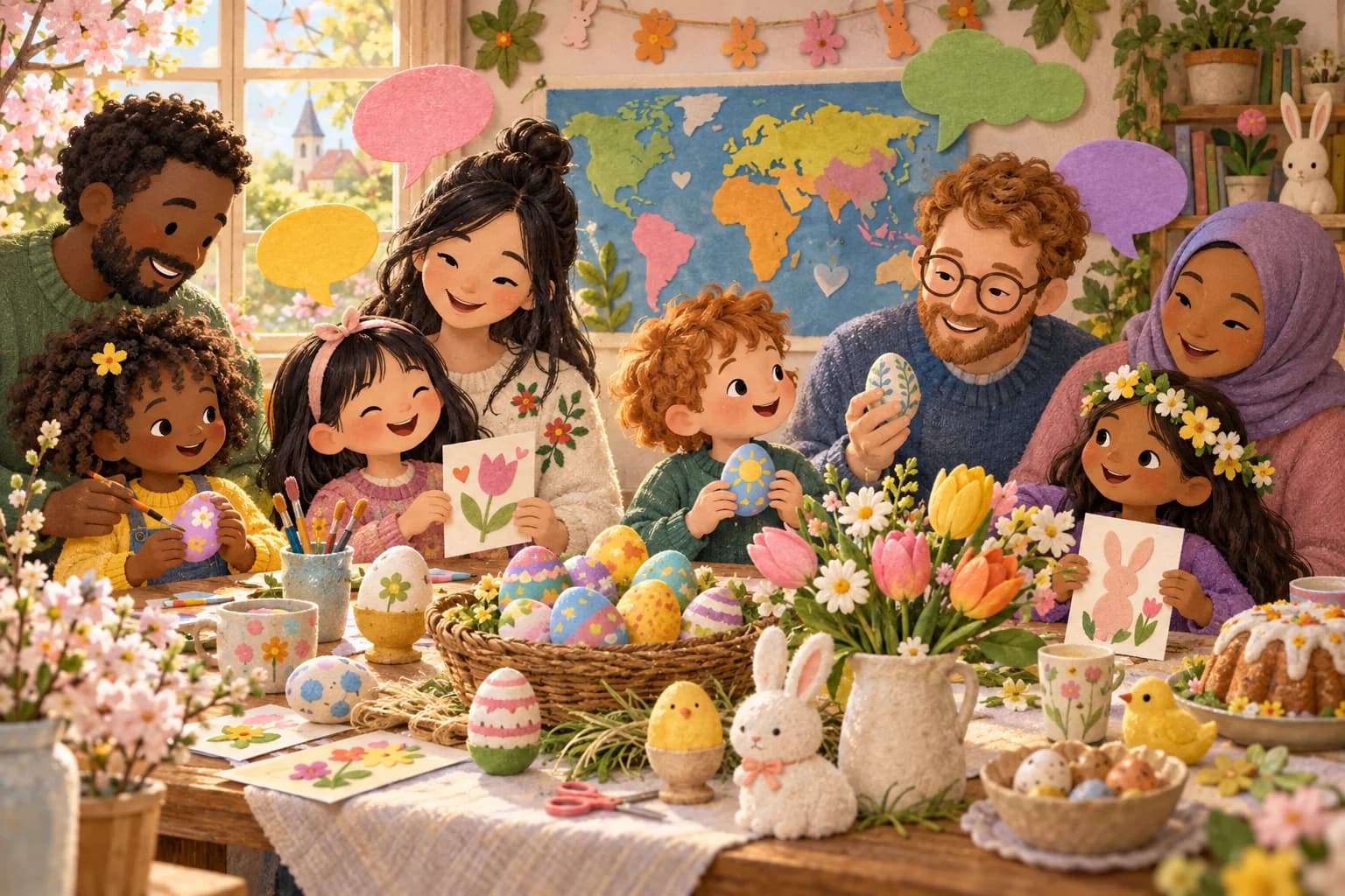 Enfants et parents découvrant dix façons de souhaiter de joyeuses Pâques autour d’une table fleurie