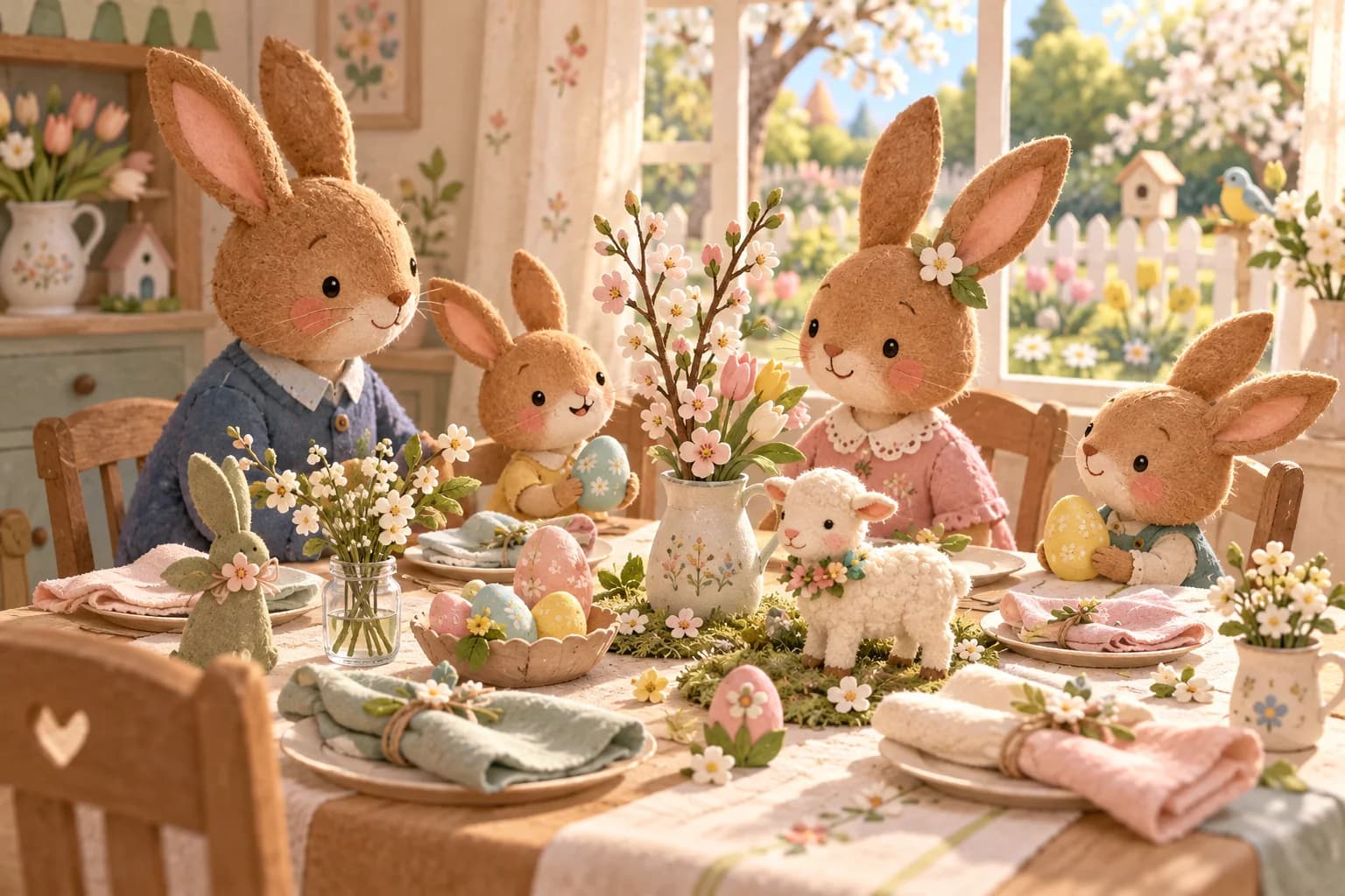 Table familiale de Pâques décorée avec un agneau, des œufs et des fleurs de printemps