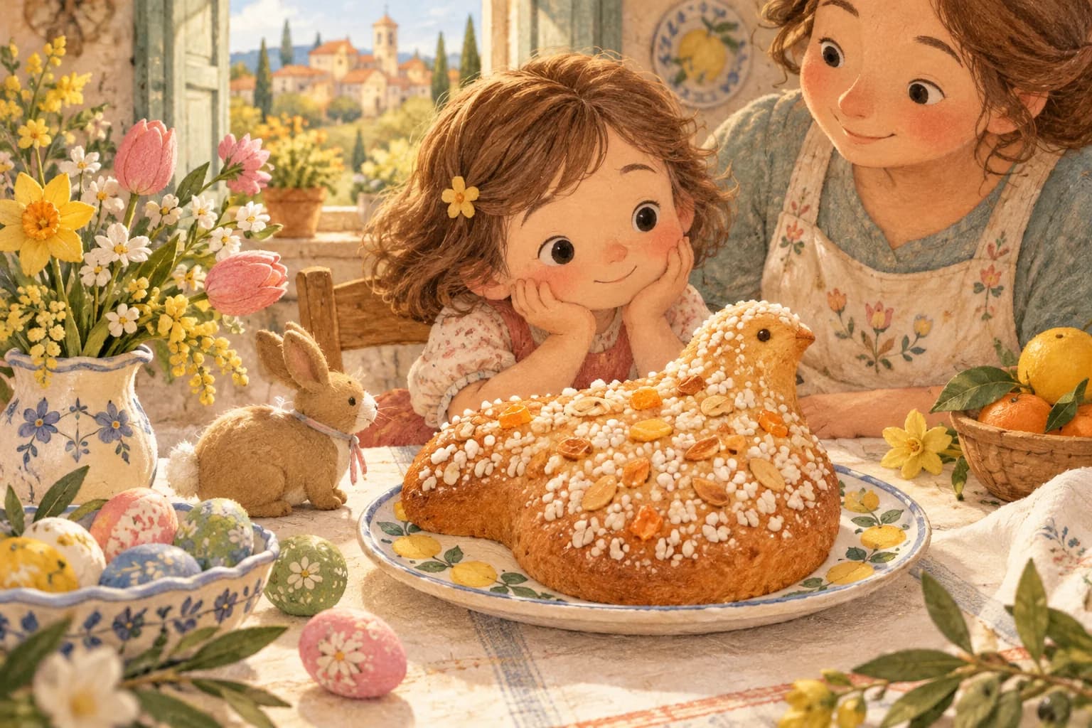 Gâteau italien de Pâques en forme de colombe posé sur une table fleurie