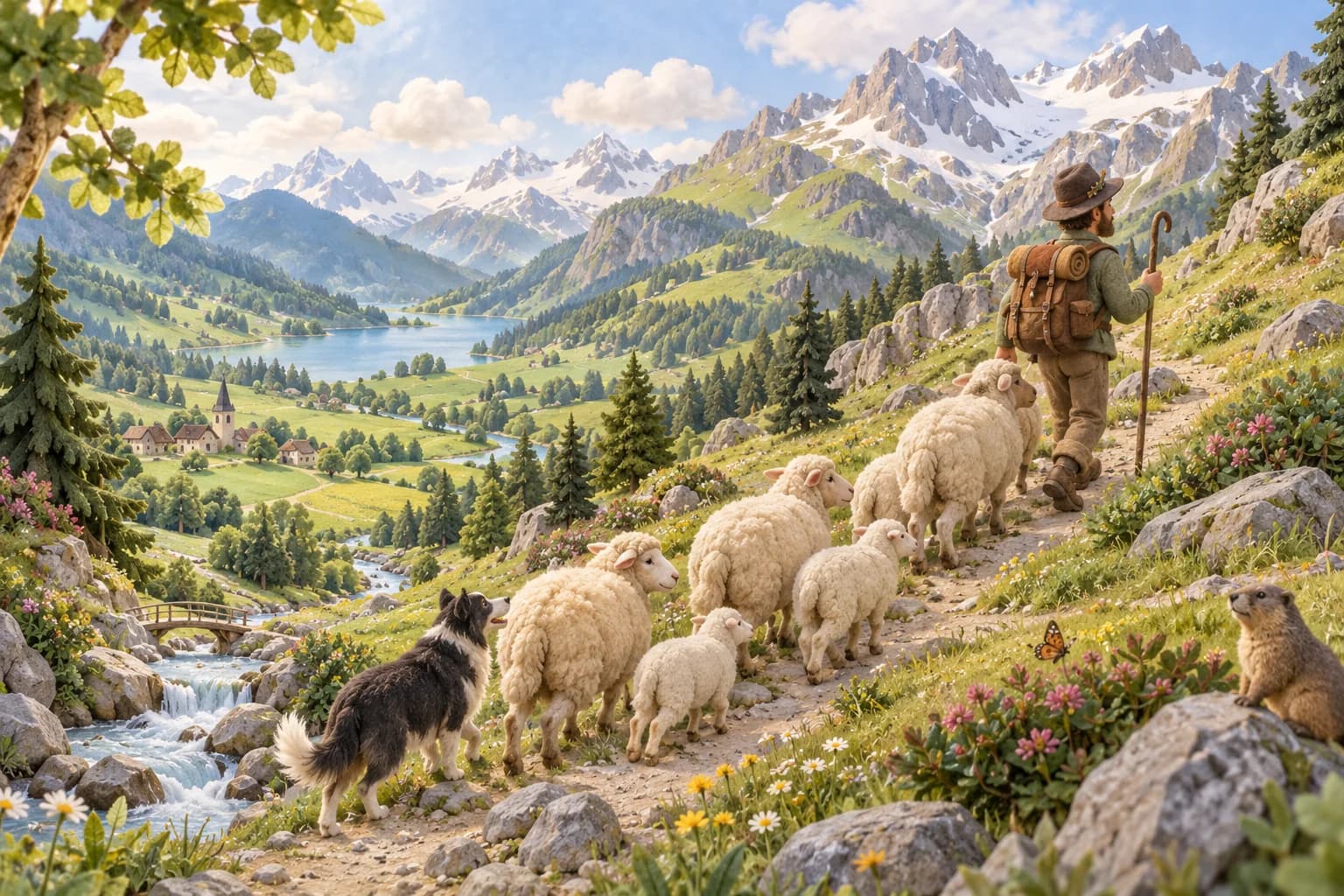 Un berger accompagne ses moutons vers les pâturages de montagne, entre vallée verte et sommets encore enneigés.