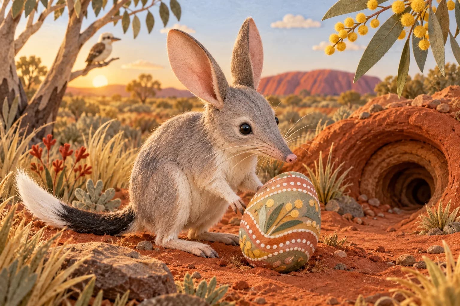 Un bilby australien près d’un œuf de Pâques dans un paysage désertique