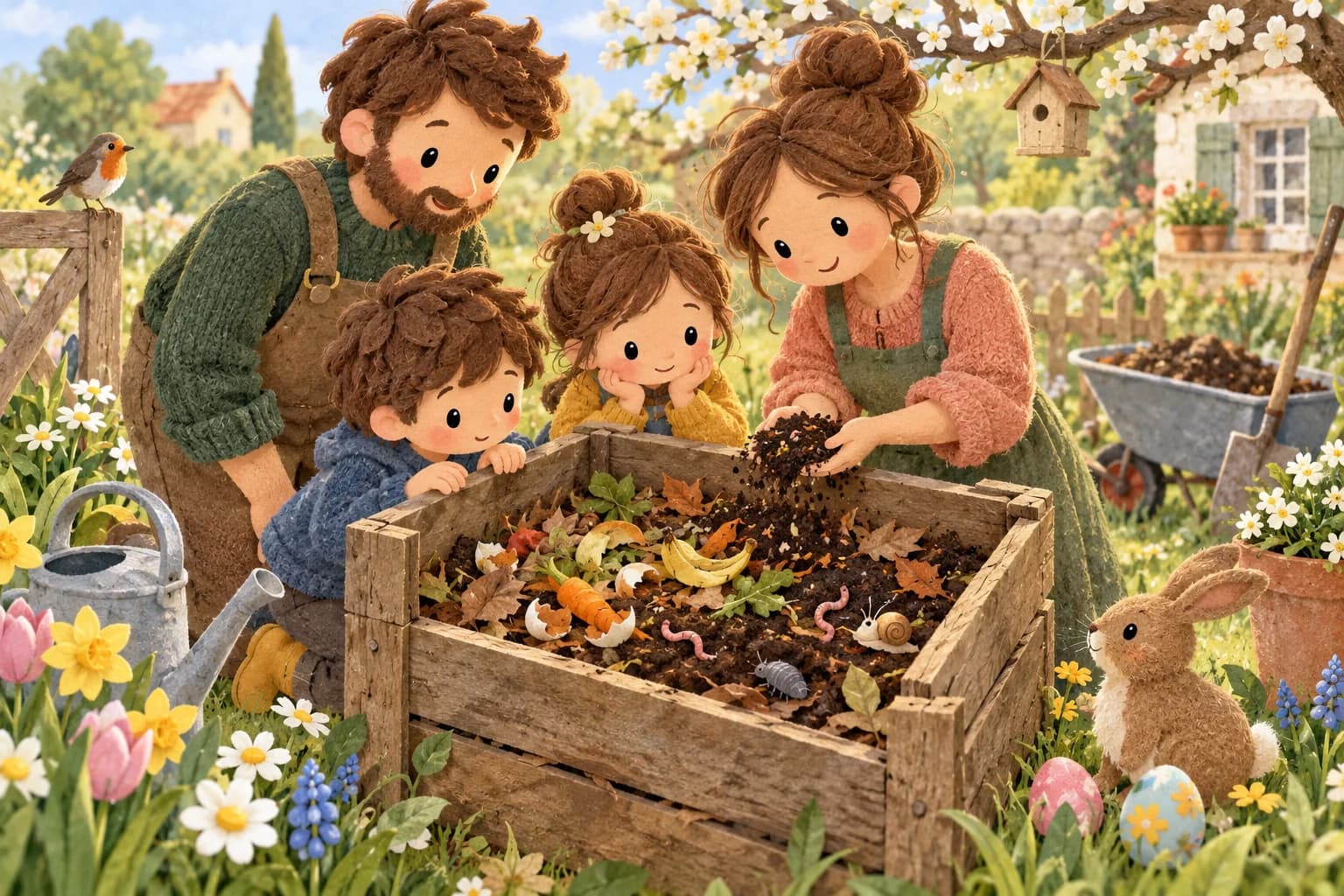 Une famille observe un composteur dans un jardin fleuri au printemps