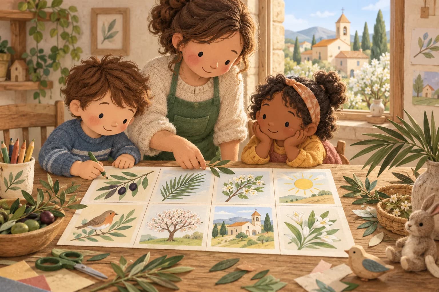 Deux enfants et un parent observent des rameaux et préparent une frise dessinée, près d’une fenêtre donnant sur une église.