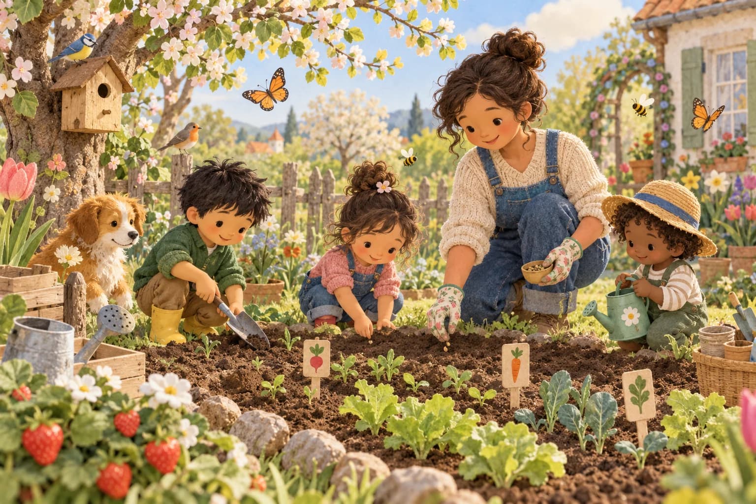 Un enfant et un parent observent des semis, des fleurs et des animaux dans un jardin au printemps