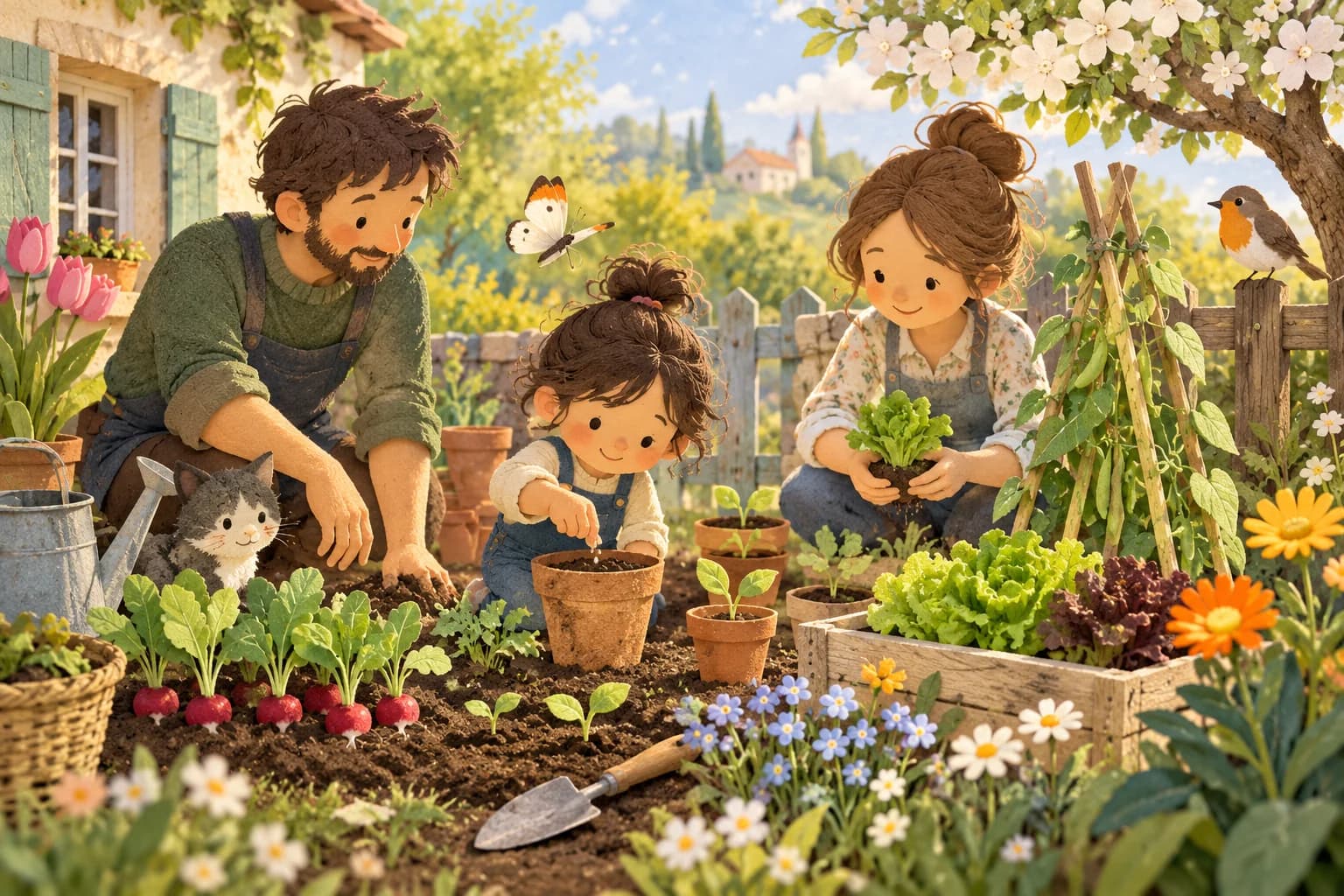 Un enfant jardine avec un adulte parmi des jeunes pousses, des fleurs, un papillon et un oiseau