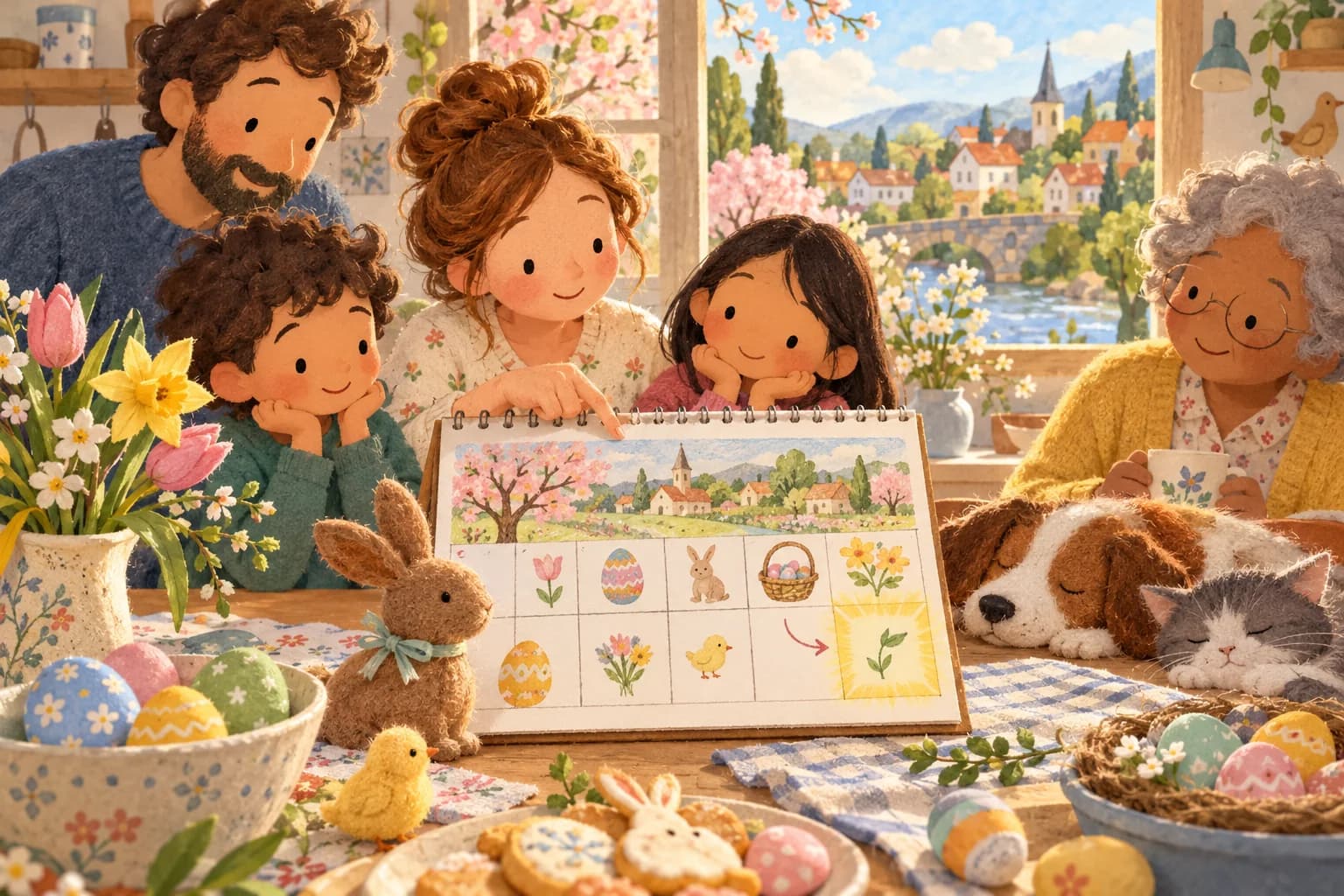 Un calendrier de printemps près d’œufs de Pâques et d’une famille réunie