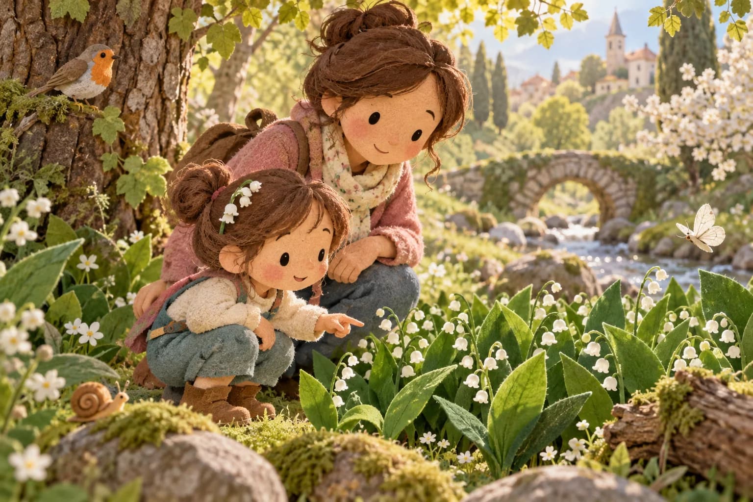 Un enfant et un parent observent du muguet blanc dans un sous-bois printanier