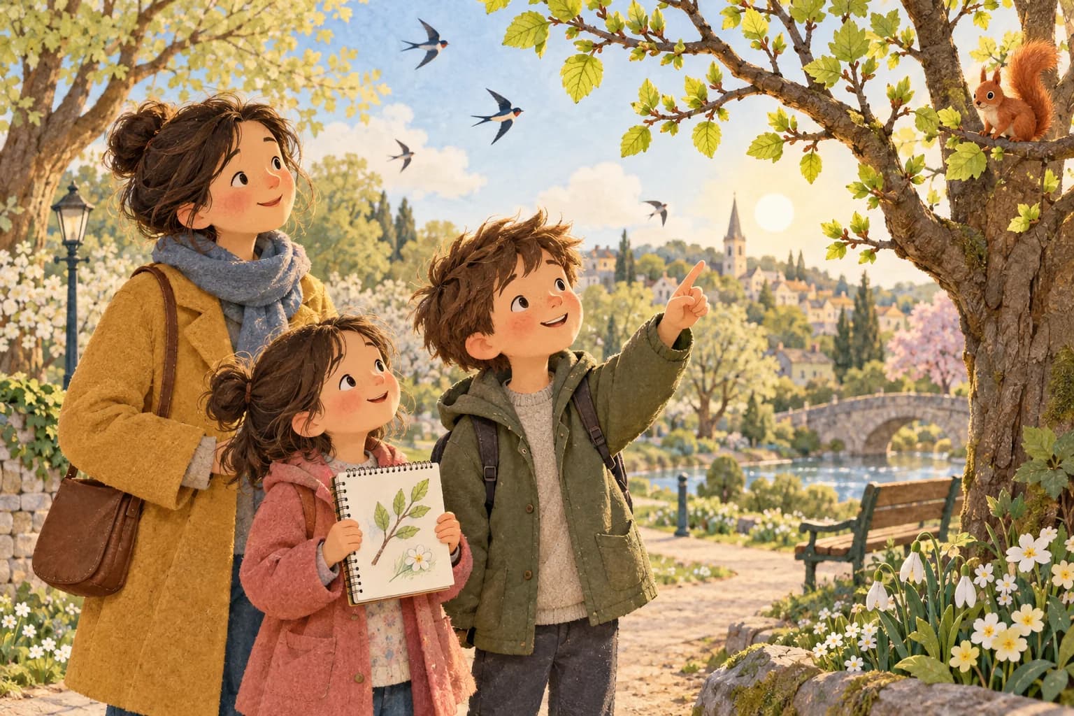 Deux enfants et un parent observent les bourgeons d’un arbre dans un parc au printemps.