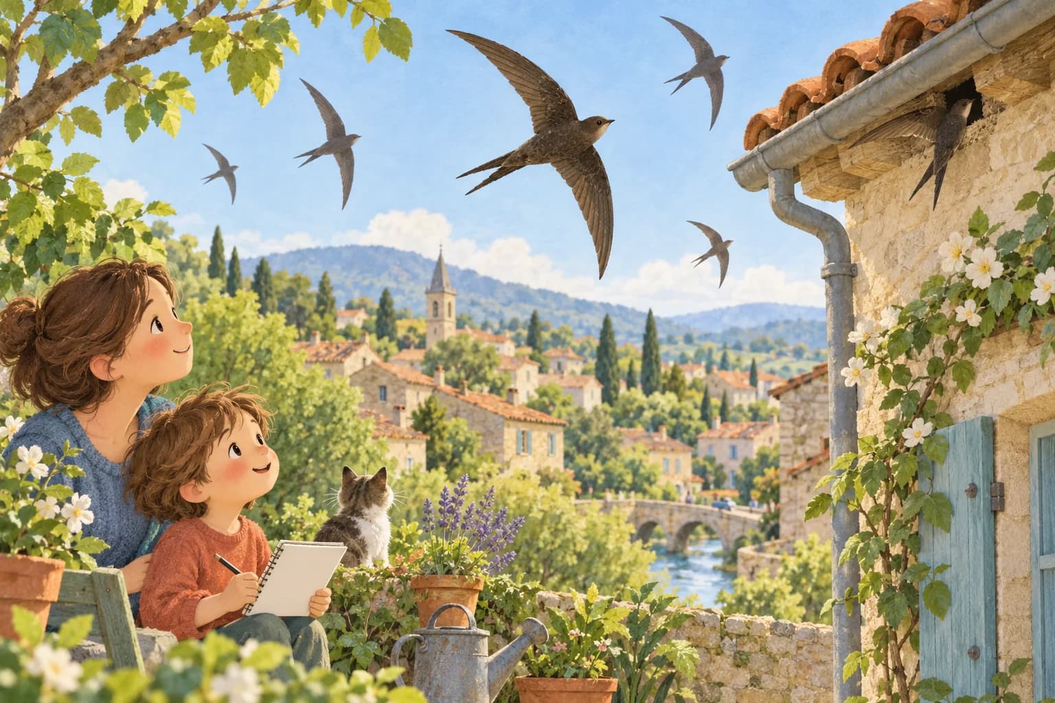 Un enfant et un adulte observent des martinets noirs aux ailes en faucille au-dessus des toits d’un village.