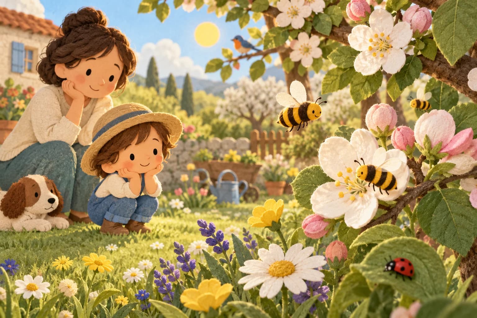 Un enfant observe des abeilles qui butinent des fleurs au printemps