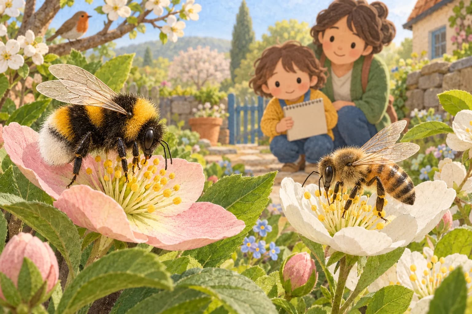 Un bourdon trapu et velu et une abeille plus fine butinent des fleurs, observés à distance par un enfant et un parent.