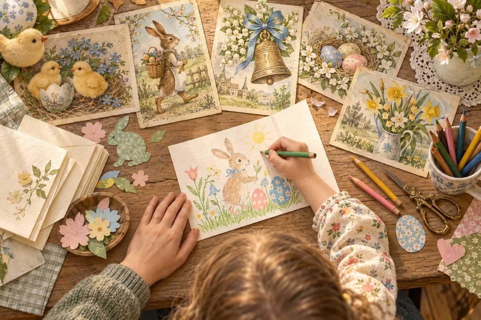 Un enfant et un adulte créent une carte de Pâques en observant des cartes anciennes ornées d’œufs, de fleurs et de poussins.