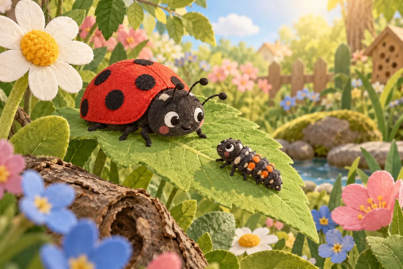 Une coccinelle adulte et une larve sur une feuille dans un jardin fleuri