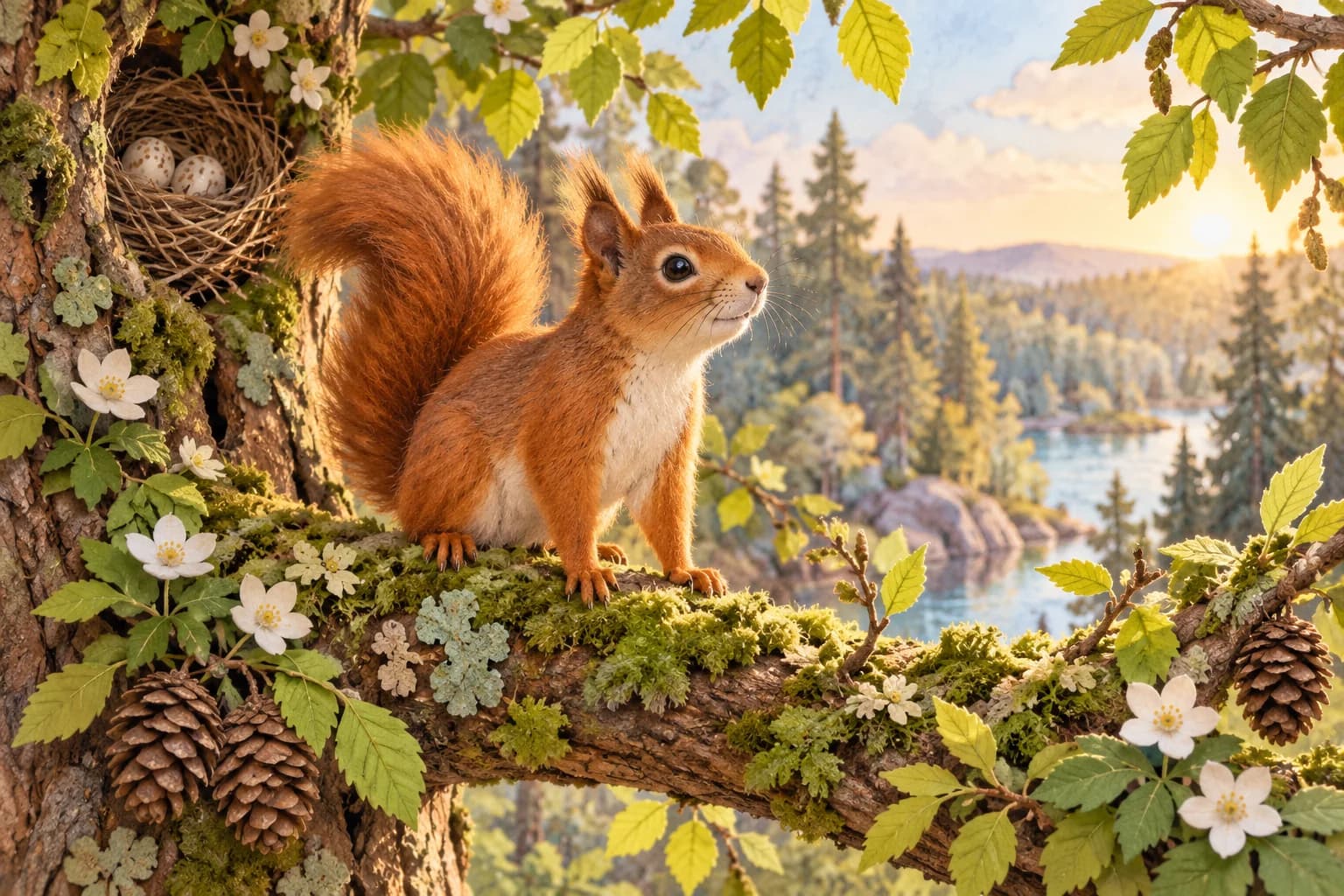 Un écureuil roux sur une branche au milieu des feuilles et des fleurs printanières