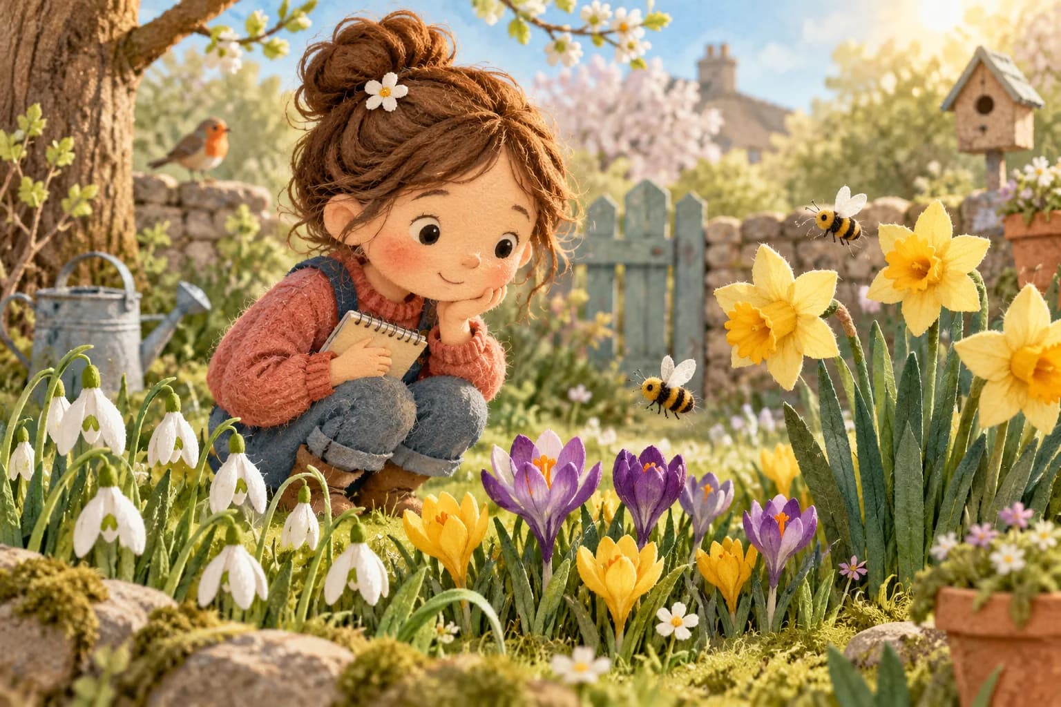 Un enfant observe des perce-neige, des crocus et des jonquilles dans un jardin de printemps