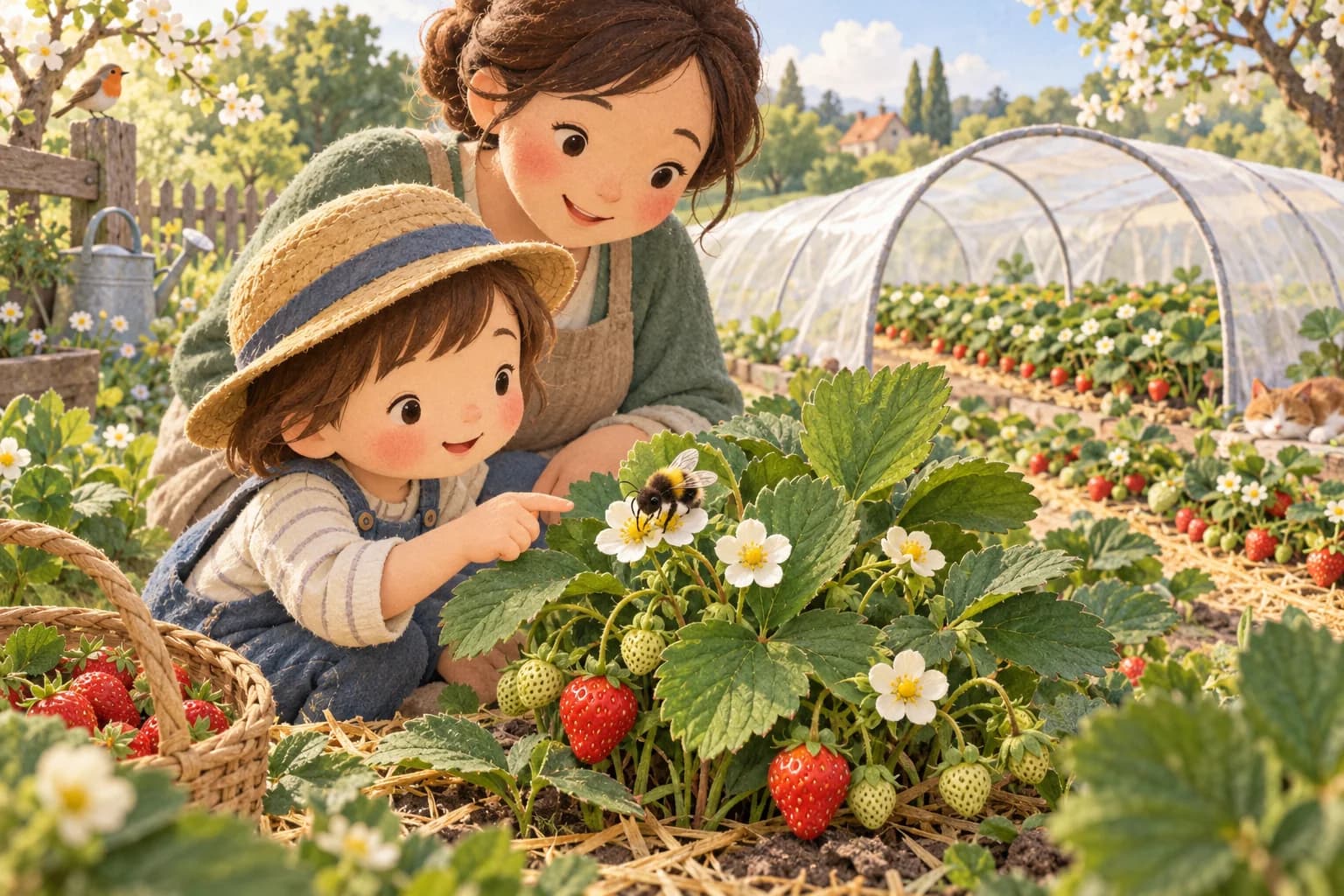 Un enfant et un parent observent les fleurs et les fruits d’un fraisier, près d’un tunnel de culture au printemps.